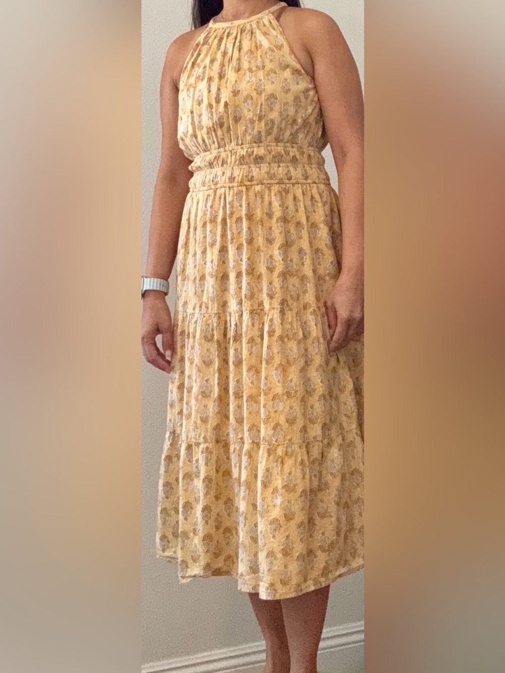 Sunlit Yellow Halter Midi Dress with Smocked Waist